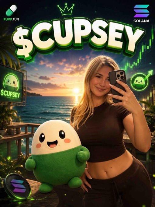A promotional image for the '$CUPSEY' cryptocurrency on the Solana and Pump.Fun platforms, showing a woman taking a selfie next to a plush toy version of the mascot.