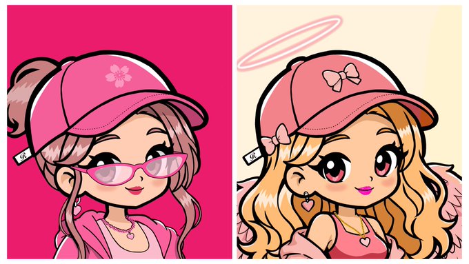 Two chibi-style cartoon girls side by side; the left wears a pink cap with a cherry blossom and pink cat-eye sunglasses, while the right wears a pink cap with a bow and has long blonde hair with a halo above her head.