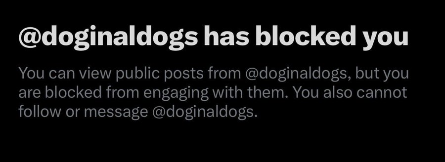 A notification screen displays "@doginaldogs has blocked you," indicating the user has been blocked from engaging with the account. This aligns with the post's implication that @doginaldogs is facing scrutiny from XRPL investigators and has chosen to block users rather than address the allegations openly.