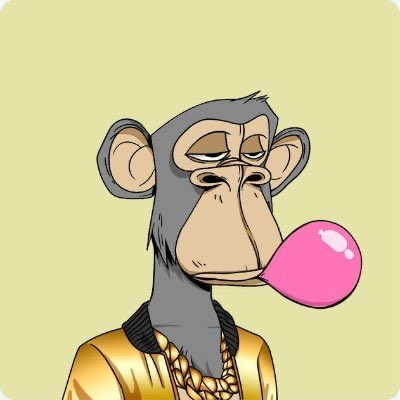 An illustration of a monkey character wearing a gold jacket and chain necklace, blowing a large pink bubblegum bubble.