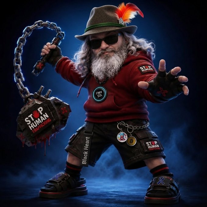A digital illustration of a bearded man wearing sunglasses, a green alpine hat with a red feather, and a red hoodie with a 'FREE SOL' patch, wielding a large chain-wrapped hammer labeled 'STOP HUMAN TRAFFICKING' in a dark, smoky setting.