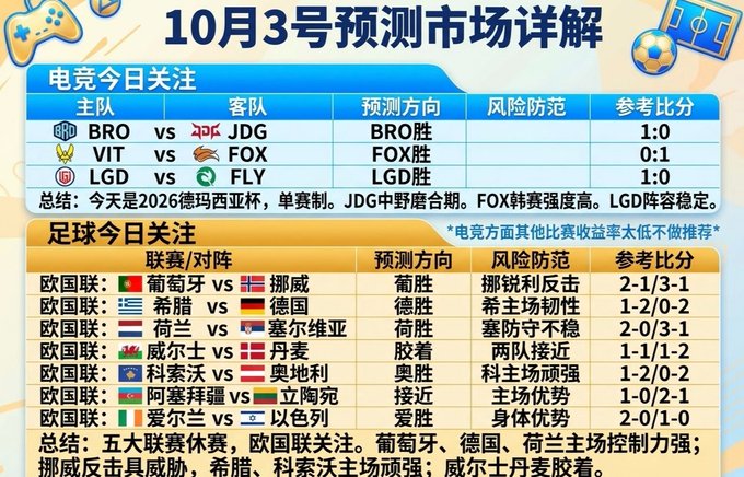 The image is a prediction market analysis titled "10月3号预测市场详解" (October 3 Prediction Market Breakdown), featuring esports and football match predictions. It shows 3 League of Legends matchups (BRO vs JDG predicting BRO win 1:0, VIT vs FOX predicting FOX win 0:1, LGD vs FLY predicting LGD win 1:0) for the 2026 Demacia Cup single-elimination tournament, followed by a detailed football section with UEFA Nations League predictions including Portugal vs Norway (Portugal win 2-1/3-1), Greece vs Germany (Germany win 1-2/0-2), and several other European matchups with predicted scores and tactical notes.