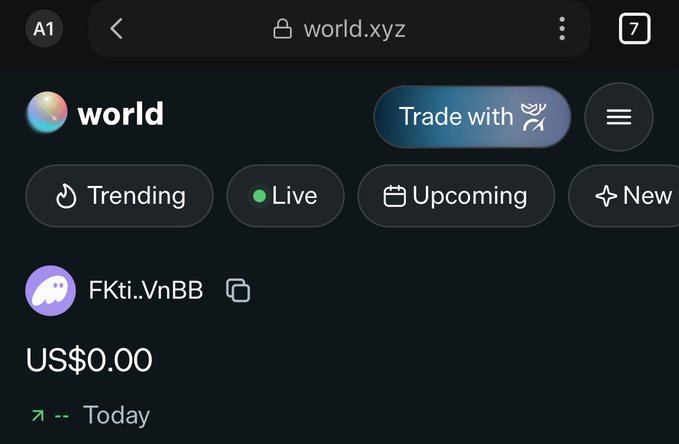 Screenshot of the world.xyz website showing a trending token FKti..VnBB with a price of US$0.00.