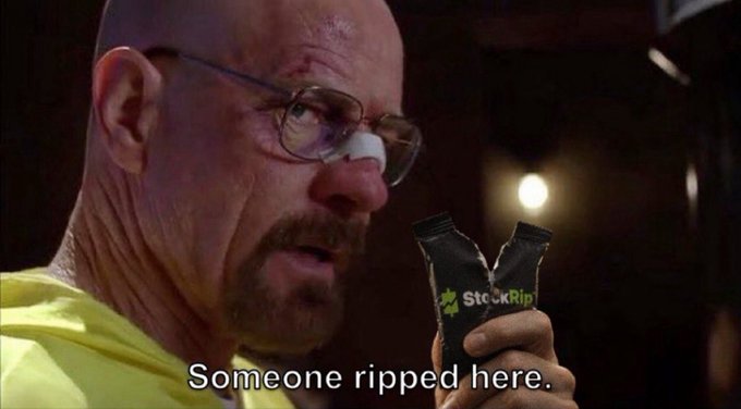 A man in a yellow shirt and glasses with a bandaged nose holding a torn open 'StackRip' branded packet, with a subtitle reading 'Someone ripped here.'