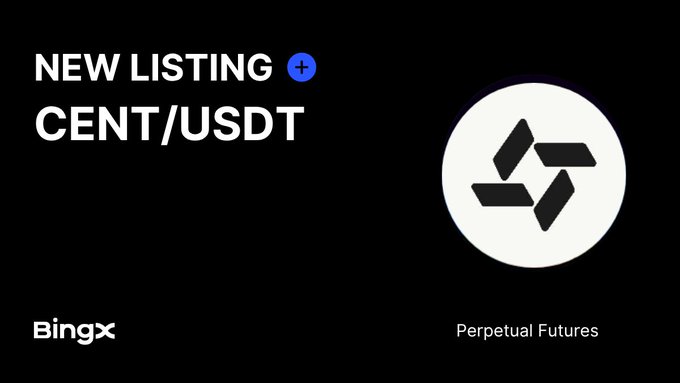 BingX announcement for a new listing of CENT/USDT perpetual futures, featuring a geometric logo.