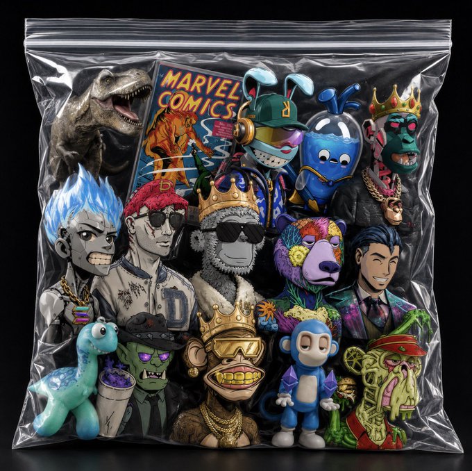 A clear plastic bag containing an assortment of NFT collectible figures and characters including a T-Rex, Marvel Comics card, crowned monkeys, and various stylized cartoon characters in a colorful collection.