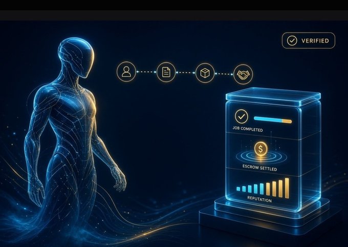 A digital illustration shows a glowing blue humanoid figure next to a holographic display indicating 'JOB COMPLETED,' 'ESCROW SETTLED,' and 'REPUTATION,' with a 'VERIFIED' badge in the corner.