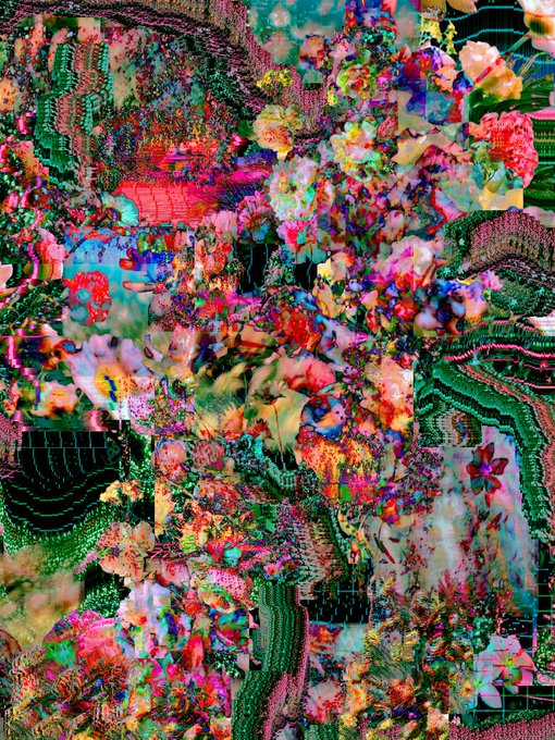An abstract, colorful digital artwork composed of a chaotic mix of flowers, geometric patterns, and glitch-like distortions in pink, green, and blue hues.