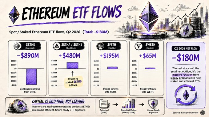 An infographic titled "Ethereum ETF Flows" shows Spot/Staked Ethereum ETF flows for Q2 2026 with a total net flow of -$180M, breaking down as $ETHE (-$890M), $ETHA/$ETHB (+$480M), $FETH (+$195M), and $WETH (+$65M), illustrating capital rotation rather than outright outflows as investors move from outdated ETHE products to staked and efficient ETH ETFs.