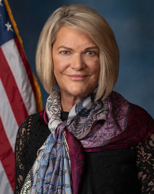 A formal portrait of a woman with blonde hair wearing a black lace top and a purple and blue patterned scarf, standing in front of an American flag.