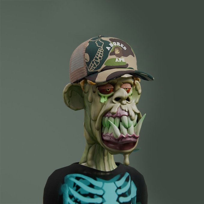 A stylized green zombie-like ape character wears a camo "ABORED APE" trucker hat and a black shirt with a blue skeleton graphic. The gnarly, fanged creature serves as an edgy mascot to deliver the casual "gm, say it back" greeting typical of crypto Twitter culture.