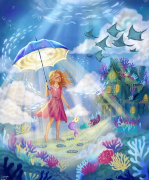 A whimsical digital painting of a girl in a pink dress holding a polka-dot umbrella underwater, surrounded by coral, fish, and an underwater house.