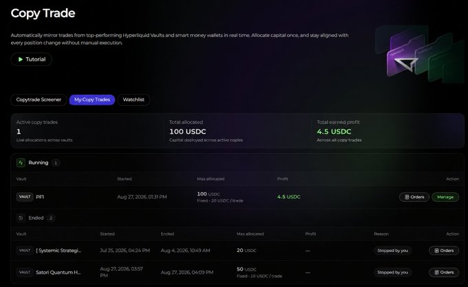 A digital 'Copy Trade' dashboard interface showing one active copy trade (VAULT - PFT) with 100 USDC allocated and 4.5 USDC profit, plus two ended trades.