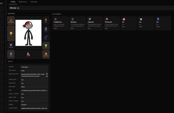 The image shows a character creation interface for "Ministerr" with a stick figure wearing a red bandana and labeled "stick figure," featuring accessories like Headphones, Bandana, Cigarette, and Wreath, along with traits such as "rick figure" and "Dead is grey sketch texture"—suggesting a NFT avatar profile on the Zora platform. The minimalist stick figure aesthetic with meme-like accessories (cigarette, bandana) reflects the playful, internet-culture vibe of making online money with friends.
