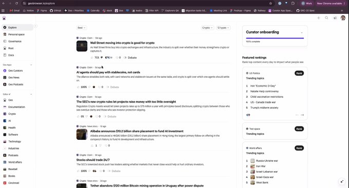 A screenshot of the Gearbrowser subscription feed displaying crypto and tech news headlines about Wall Street, AI agents, SEC crypto rules, Alibaba, and Terberg mining operations, with a Curator onboarding progress panel on the right.