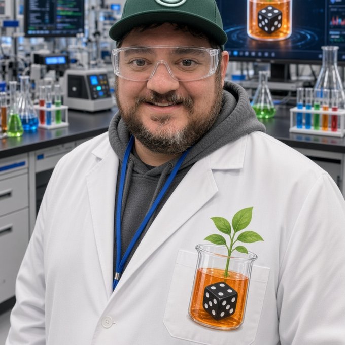 A man wearing a lab coat, safety goggles, and a green cap stands in front of laboratory equipment; his coat features a graphic of a beaker containing an orange liquid, a die, and a plant.