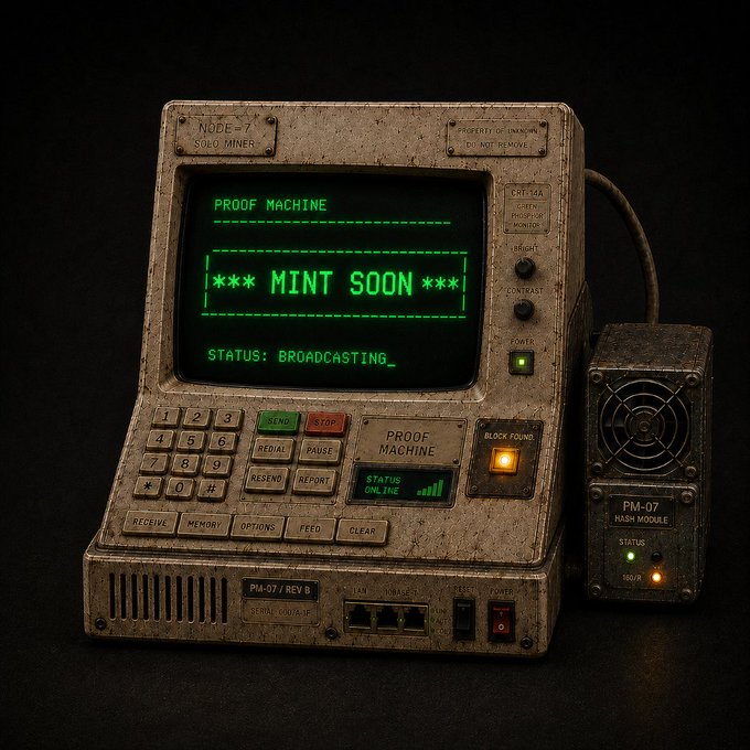 A weathered "Node-7 Solo Miner" terminal displays "PROOF MACHINE — *** MINT SOON *** — STATUS: BROADCASTING" on its green CRT screen, connected to a PM-07 hash module, accompanying the post's announcement that 7,777 Proof Machines will mint at 12:00 UTC.