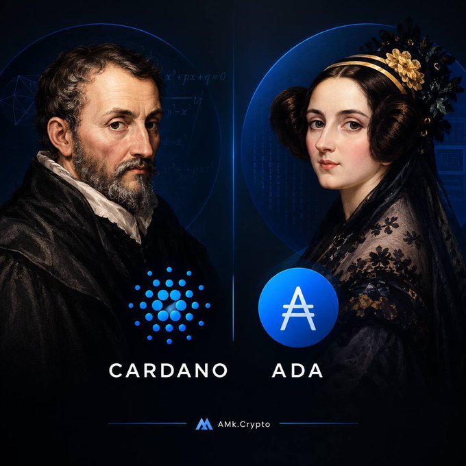 The image displays portraits of Gerolamo Cardano and Ada Lovelace alongside their respective Cardano (ADA) cryptocurrency logos, with mathematical notations visible in the background, illustrating the dual namesake origins of the Cardano blockchain as referenced in the post.
