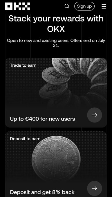 The image shows an OKX promotional banner titled "Stack your rewards with OKX," offering up to €400 for new users and 8% back on deposits. The ad aligns with the post by highlighting OKX's rewards for EU users, reinforcing its MiCA-compliant status in contrast to other CEXs withdrawing services in Europe.
