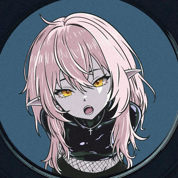 An anime-style illustration of a pale-skinned girl with long pink hair, yellow eyes, pointed ears, and a cross necklace, viewed through a circular frame against a teal backdrop.