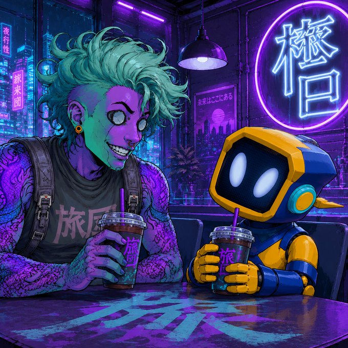 A vibrant cyberpunk-style illustration of a green-haired punk character and a small robot sitting at a table drinking from cups with Chinese characters on them, set against a neon-lit city background.