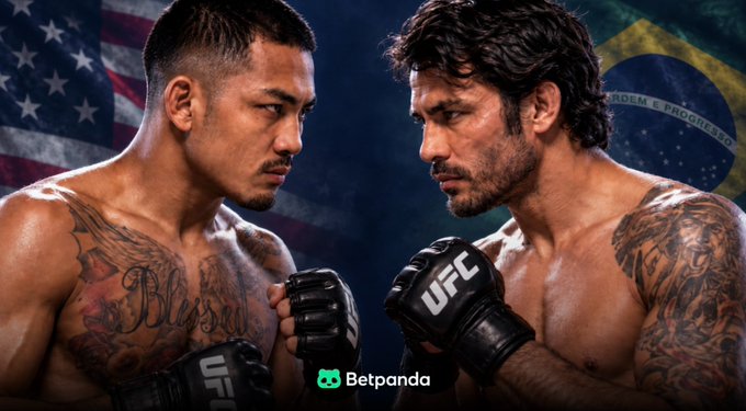 A promotional image for a UFC fight between two shirtless male fighters facing off, with the American and Brazilian flags in the background and a "Betpanda" logo visible.