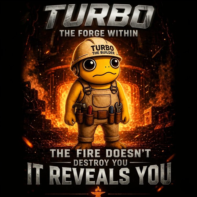 A determined yellow mascot wearing a "TURBO THE BUILDER" hard hat and overalls, surrounded by fiery forge flames, appears on a poster titled "TURBO - THE FORGE WITHIN" with the quote "THE FIRE DOESN'T DESTROY YOU IT REVEALS YOU," perfectly capturing the post's rallying energy to get to work with the $TURBO community.