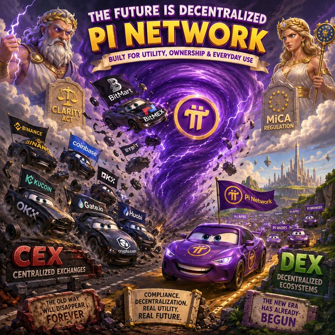 The image is a vibrant promotional graphic featuring the Pi Network logo and the tagline "THE FUTURE IS DECENTRALIZED — BUILT FOR UTILITY, OWNERSHIP & EVERYDAY USE," with a purple Pi Network car driving away from crashing centralized exchanges (CEX) including Binance, Coinbase, BitMart, OKX, and Huobi, toward a thriving DEX (Decentralized Exchange) landscape. Flanking a swirling purple portal are Greek god-like figures representing regulatory frameworks "CLARITY ACT" and "MiCA REGULATION," while bottom banners declare "THE OLD WAY WILL DISAPPEAR FOREVER," "COMPLIANCE. DECENTRALIZATION. REAL UTILITY. REAL FUTURE," and "THE NEW ERA HAS ALREADY BEGUN" — visually reinforcing the post's message that Pi Network exemplifies the future of regulation-compliant, utility-driven decentralized ecosystems.