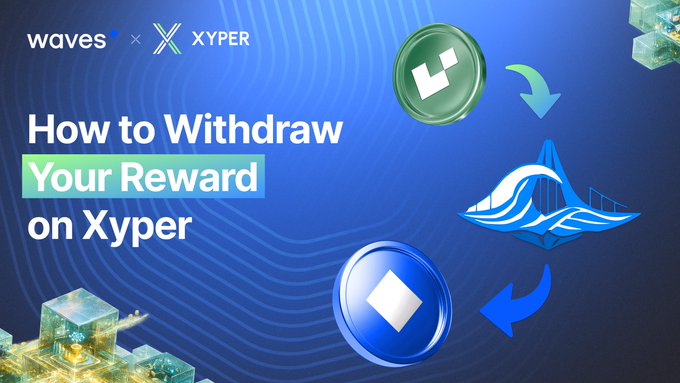 A promotional graphic titled 'How to Withdraw Your Reward on Xyper' showing a green token and blue token exchanging through the Waves platform logo.