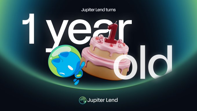 Jupiter Lend celebrates its 1-year anniversary with a festive image featuring a pink birthday cake and the mascot, while highlighting its milestone of surpassing $2B in total market size in just one year since launch on Solana.