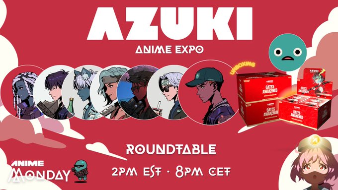 Promotional graphic for AZUKI Anime Expo featuring character portraits, gachapon machines, and details for a roundtable event at 2PM EST/8PM CET.