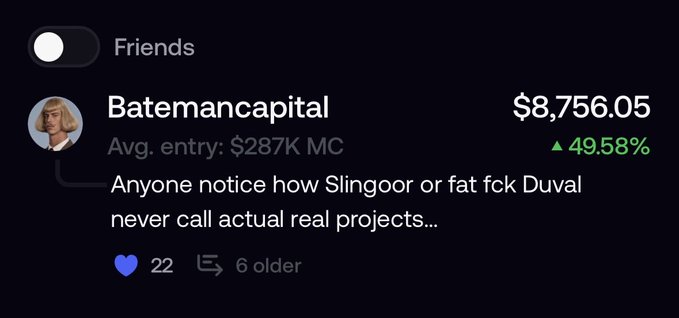 A Robinhood-style portfolio screenshot shows "Batemancapital" with a $8,756.05 position up 49.58%, featuring a comment mocking crypto influencers Slingoor and Duval for not discussing real projects. The image illustrates the poster's investment rationale, as Batemancapital is presented as the top holder whose thesis they followed.