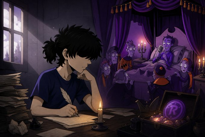 A digital illustration of a young boy writing by candlelight at a desk, while ghostly vampire-like figures observe him from a canopied bed in the background.