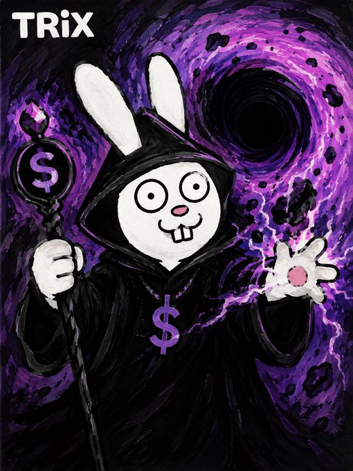 A cartoon illustration of a rabbit in a black wizard robe with a dollar sign necklace, holding a staff topped with a dollar sign gem, conjuring a purple portal labeled 'TRiX' in the corner.