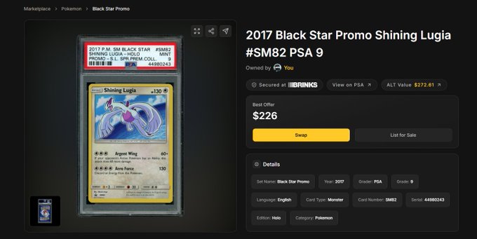 A screenshot of a marketplace listing for a '2017 Black Star Promo Shining Lugia #SM82 PSA 9' Pokemon card, showing a best offer of $226 and an alt value of $272.61.