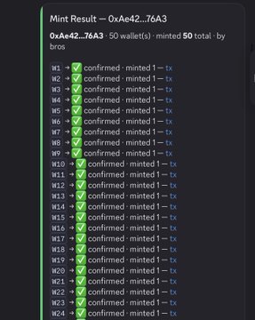 The image shows a Discord or chat log titled "Mint Result — 0xAe42…76A3," displaying 50 successful wallet confirmations minting 1 transaction each (W1–W24 visible). This relates to the post about minting "robinhood kitties" at a price of 0.0006 ETH, as the log confirms the mass mint transactions were completed successfully.