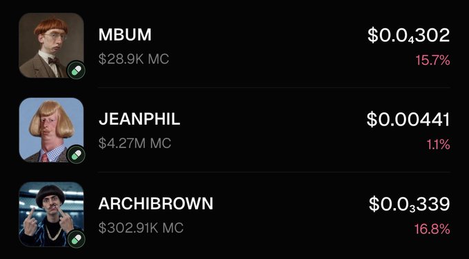 A leaderboard listing crypto trading profiles: MBUM ($0.04302, +15.7%), JEANPHIL ($0.00441, -11%), and ARCHIBROWN ($0.03339, -16.8%), each with a profile picture and market cap.