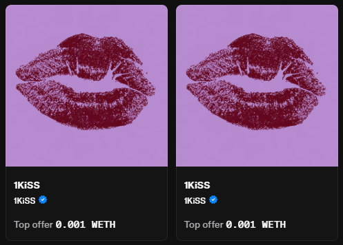 Two identical digital cards display red lips on a purple background, titled "1KiSS" with a top offer of "0.001 WETH".