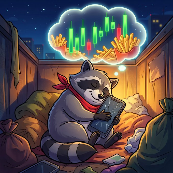 A cartoon raccoon wearing a red bandana sits in a dumpster surrounded by trash bags, holding a cracked smartphone while daydreaming about french fries and green and red stock market candlestick charts.