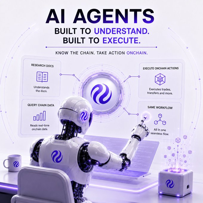 An infographic titled 'AI AGENTS BUILT TO UNDERSTAND. BUILT TO EXECUTE.' featuring a white robotic figure and icons for Research Docs, Query Chain Data, Execute Onchain Actions, and Same Workflow.