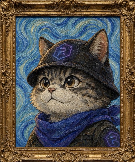 A stylized painting of a tabby cat wearing a dark helmet with an 'R' logo and a blue scarf, rendered in a swirling Van Gogh-esque style and displayed in an ornate gold frame.
