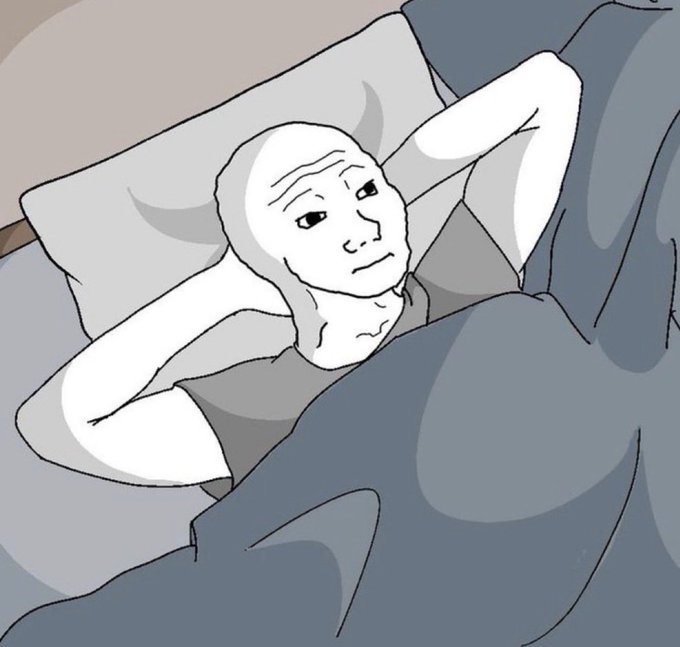 A black and white illustration of a Wojak-style character lying in bed with a sad, contemplative expression.