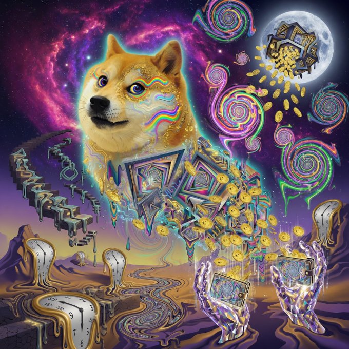 A surreal psychedelic artwork featuring a Shiba Inu dog with rainbow markings on its face, set against a cosmic background with swirling spiral patterns, melting clocks, a treasure chest full of gold coins, and disembodied hands holding phones displaying meme imagery.