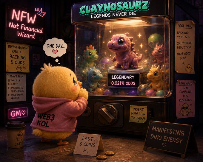A cute fluffy chick wearing a pink "WEB3 KOL" hoodie gazes longingly at a claw machine labeled "GLAYNOSAUZ - LEGENDS NEVER DIE" featuring collectible dinosaurs with a "LEGENDARY 0.021% ODDS" tag, while signs around it read "NFW Not Financial Wizard," "BACKING: 12.45 SOL," and "ONE DAY..." in a thought bubble. The image illustrates the concept of how SOL backing determines the odds of pulling collectibles from the pool, with the chick contemplating investing "LAST 3 COINS" to chase the rare dinosaur.