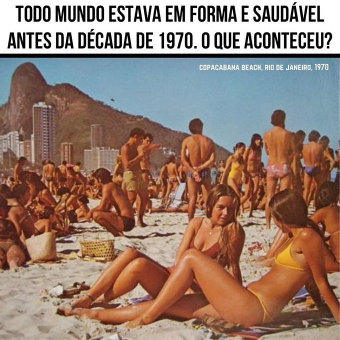 A vintage-style photograph of "COPACABANA BEACH, RIO DE JANEIRO, 1970" shows numerous people sunbathing on the sand with mountains and buildings in the background, overlaid with Portuguese text asking "TODO MUNDO ESTAVA EM FORMA E SAUDÁVEL ANTES DA DÉCADA DE 1970. O QUE ACONTECEU?"