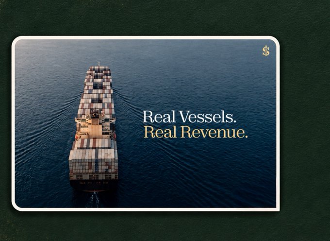 A container ship sailing on the ocean with the text "Real Vessels. Real Revenue." displayed alongside a dollar sign logo.
