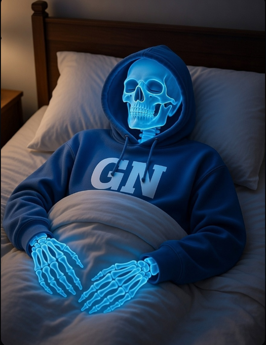 A glowing blue skeleton figure in a blue hoodie with 'GM' written on it, lying in bed with skeletal hands visible above the covers.