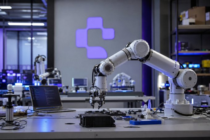 A modern robotics laboratory featuring a white robotic arm on a workbench, with laptop and electronic components, set against a purple logo on the wall.