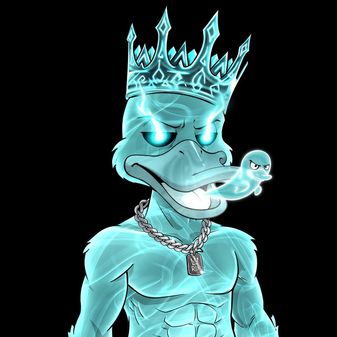 An illustrated anthropomorphic duck character wearing a crown and silver chain with a "STAY RICH" pendant, exhaling a smoke ghost shaped like a small creature.