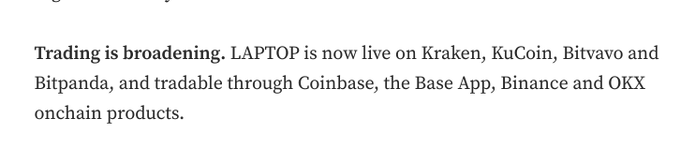 Text reading: 'Trading is broadening. LAPTOP is now live on Kraken, KuCoin, Bitvavo and Bitpanda, and tradable through Coinbase, the Base App, Binance and OKX onchain products.'